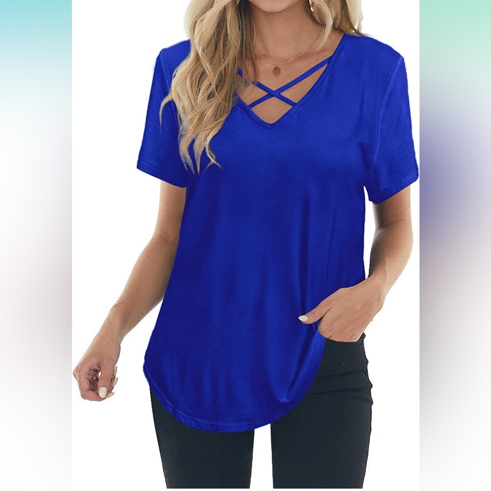 Women Tops V Neck Short Sleeve Cross Cross Soft Summer Loose Niashot Blue Size M